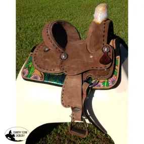 10" Double T  Youth Hard Seat Barrel style saddle with extra deep seat and buckstitch trim.