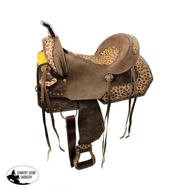 13" Double T  Youth Hard Seat Barrel style saddle with Cheetah Seat.