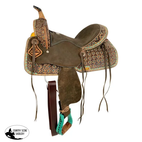 14", 15" Double T  Barrel style saddle with Teal flower and buckstitch accents