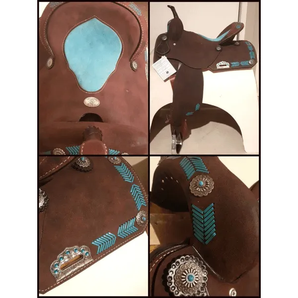 15", 16" Circle S Barrel Style Saddle with turquoise leather laced arrow trim.