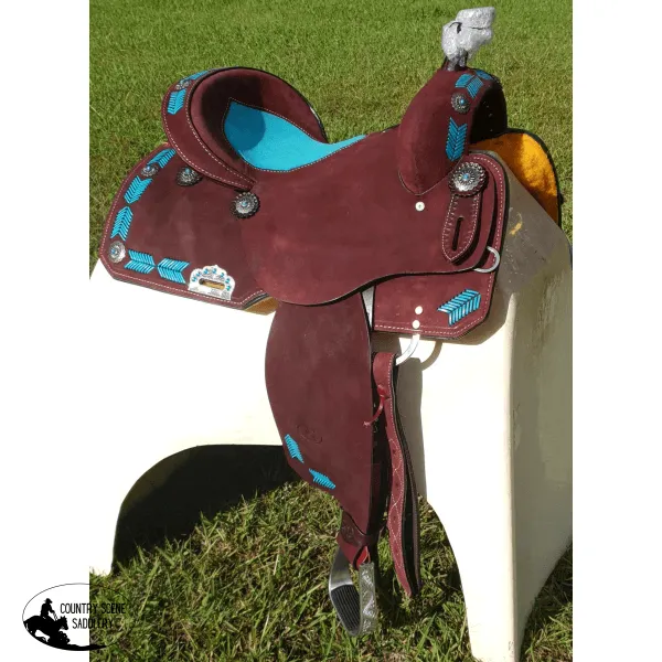 15", 16" Circle S Barrel Style Saddle with turquoise leather laced arrow trim.