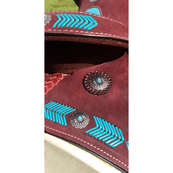 15", 16" Circle S Barrel Style Saddle with turquoise leather laced arrow trim.