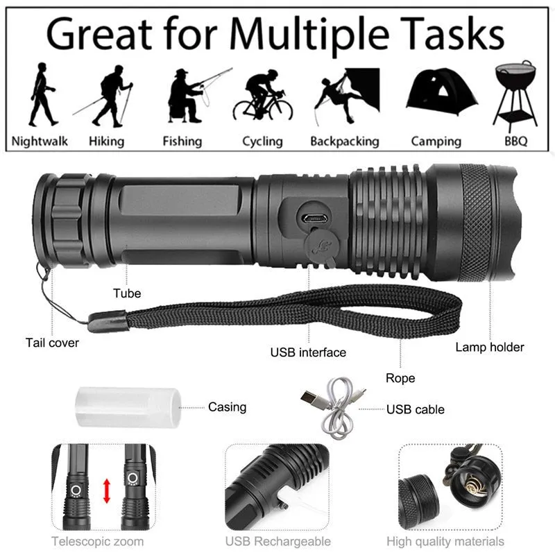 90000 lumens XLamp xhp70.2 hunting most powerful led flashlight rechargeable usb torch cree xhp70 xhp50 18650 or 26650 battery