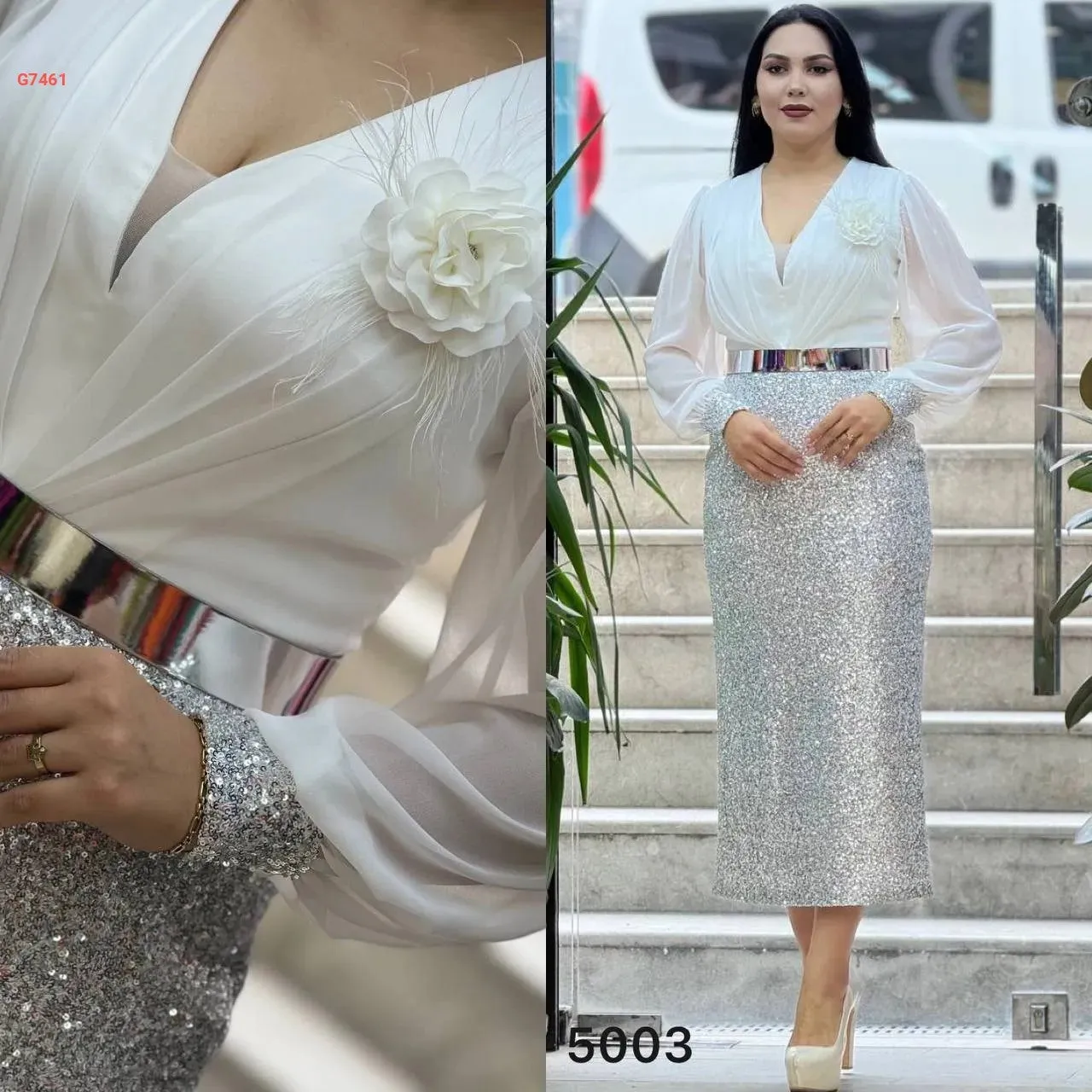 Abito midi con corpetto bianco in tessuto georgette e gonna argento in paillettes acessoriato con cintura