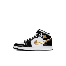 AIR JORDAN 1 MID GS (YOUTH) "PATENT BLACK WHITE GOLD" 2019 BQ6931-007