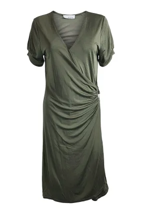 ALLUDE 100% Jersey Silk Khaki Green Gathered Midi Dress (XL)