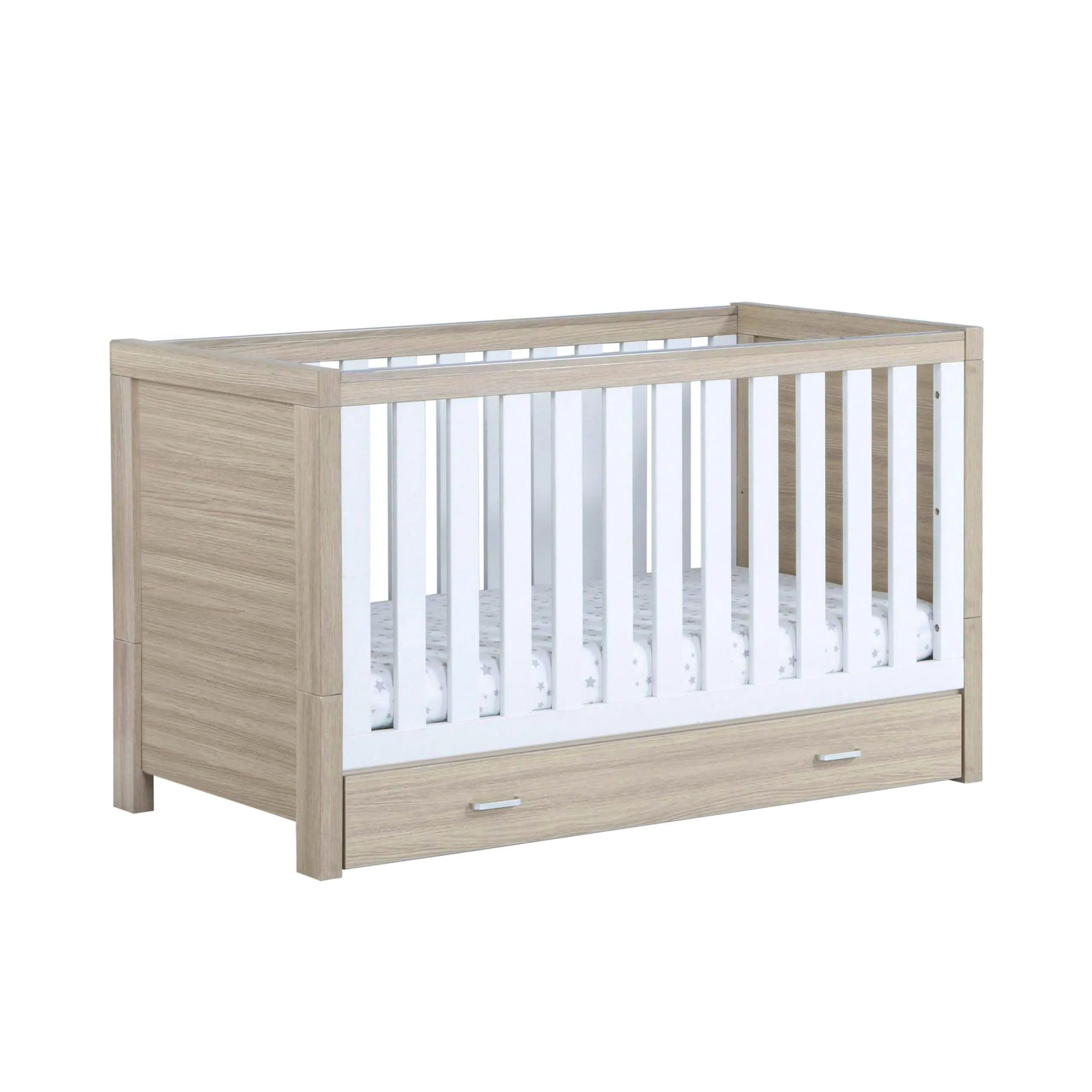 Babymore Luno Cot Bed with Drawer - White Oak