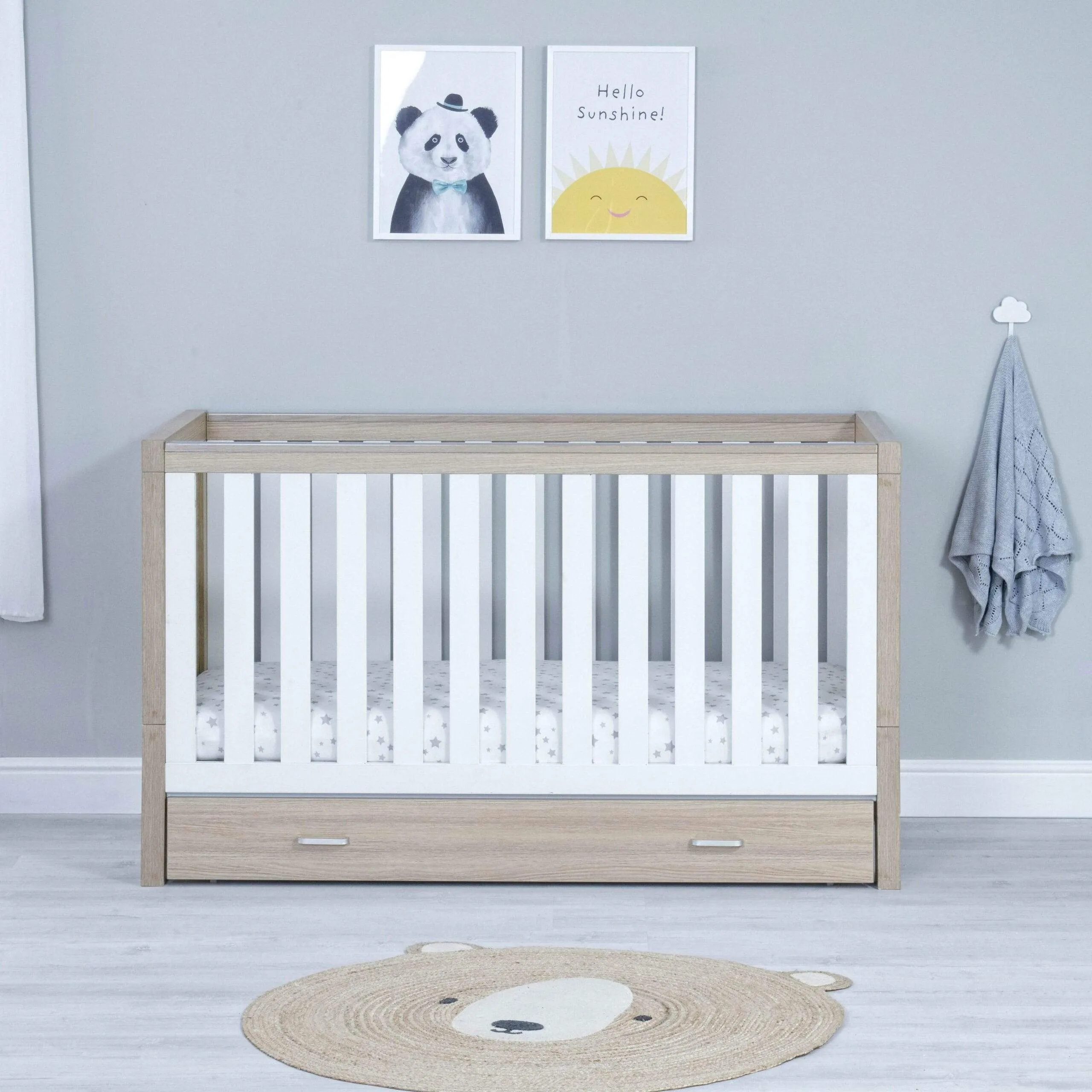 Babymore Luno Cot Bed with Drawer - White Oak