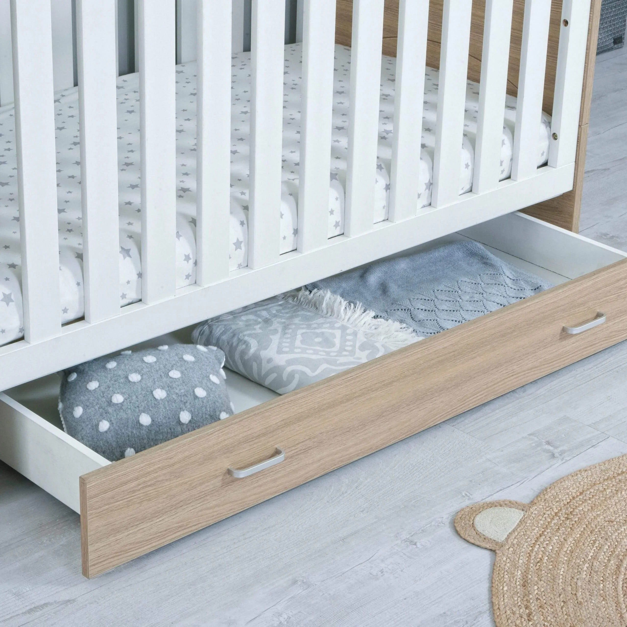 Babymore Luno Cot Bed with Drawer - White Oak