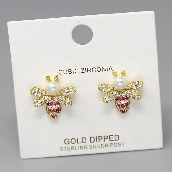 Bee CZ Pave Gold Dipped Stud Earrings