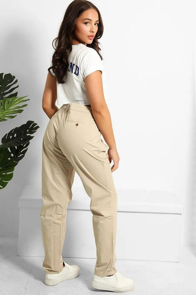 Beige Faux Button Pockets To Back Slacks