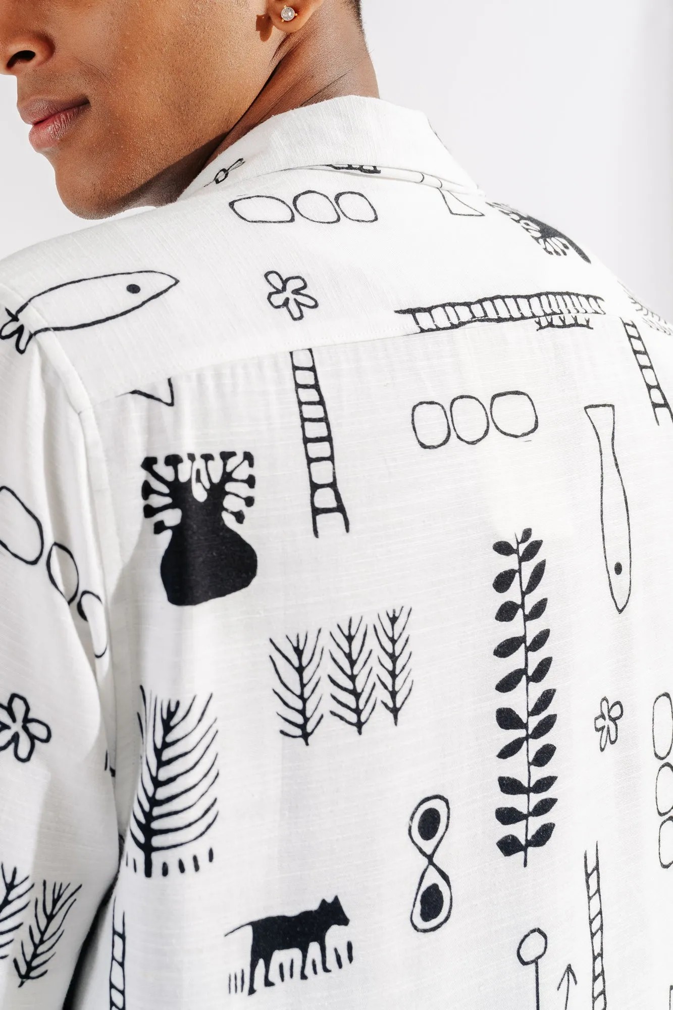 Black And White Printed Men's Linen Shirt