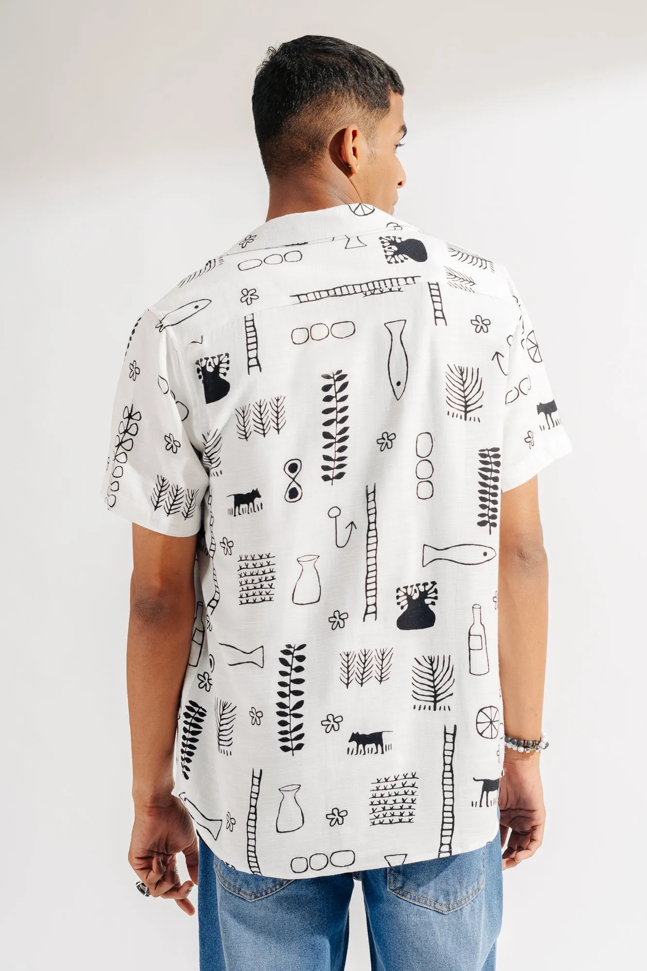 Black And White Printed Men's Linen Shirt