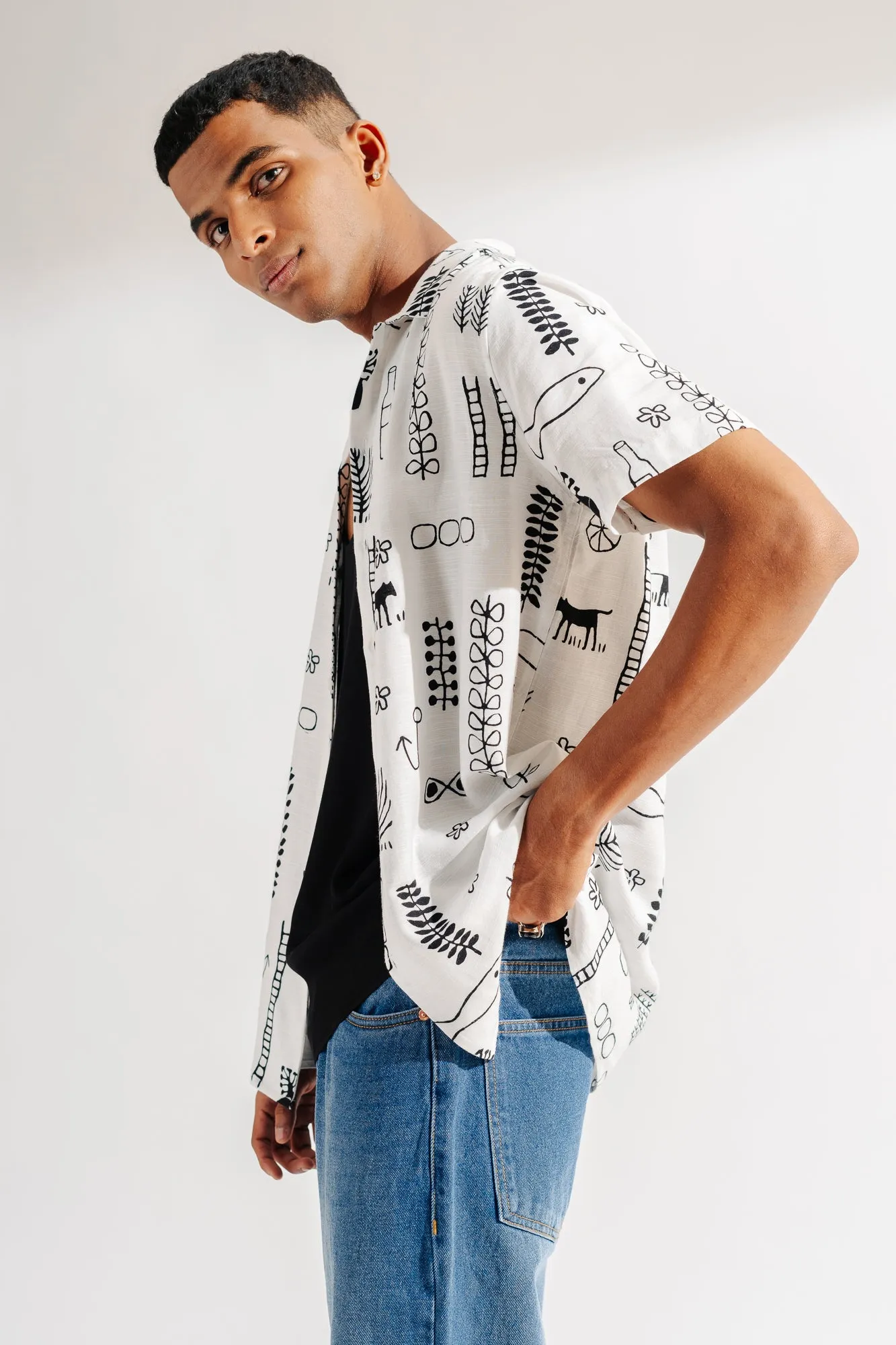 Black And White Printed Men's Linen Shirt