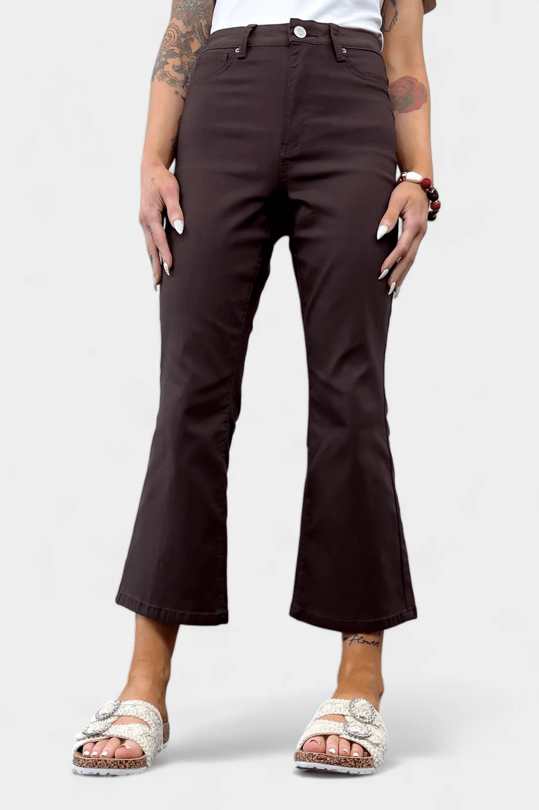 Brown Hyperstretch Cropped Flare Pants