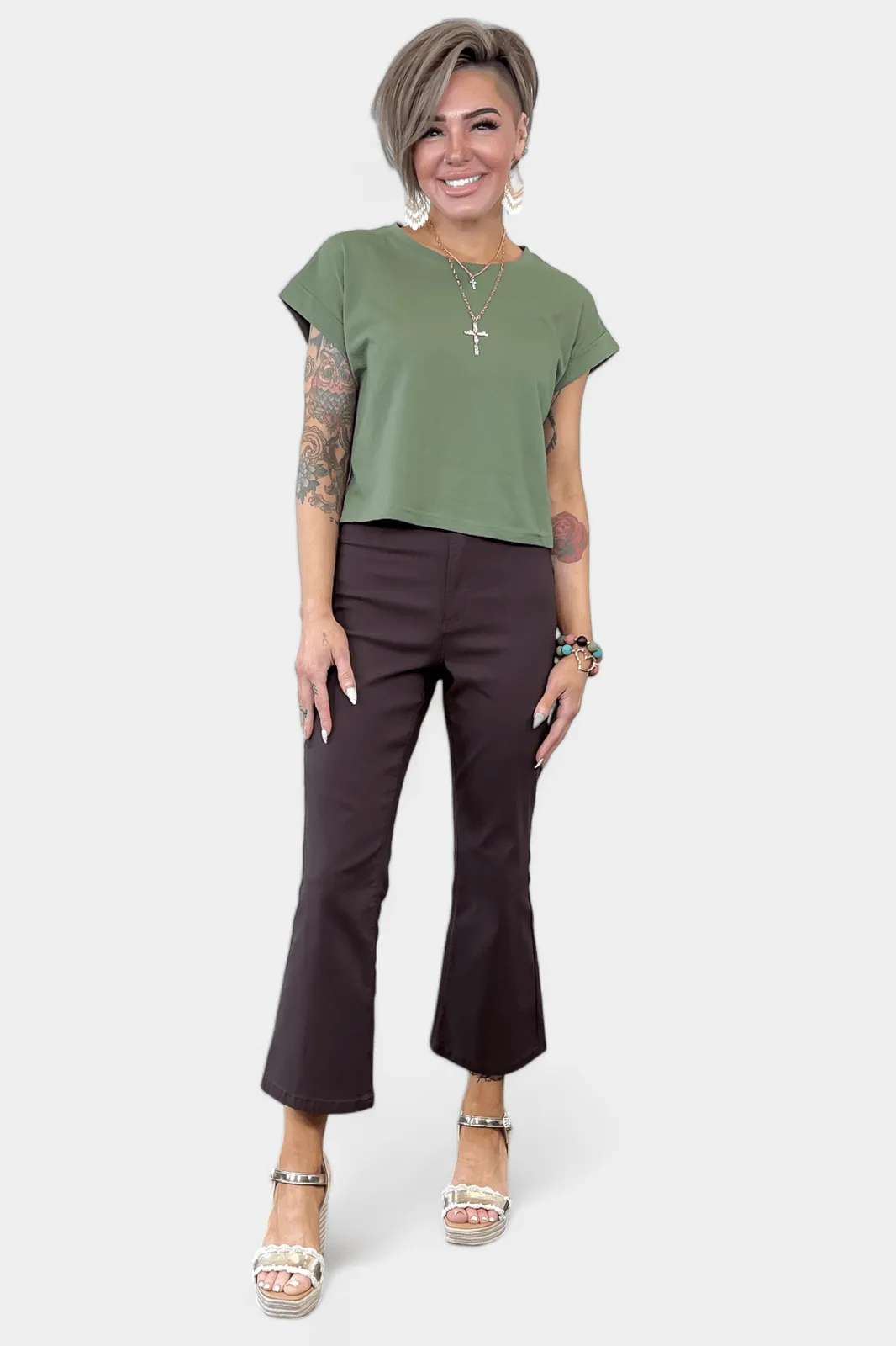 Brown Hyperstretch Cropped Flare Pants