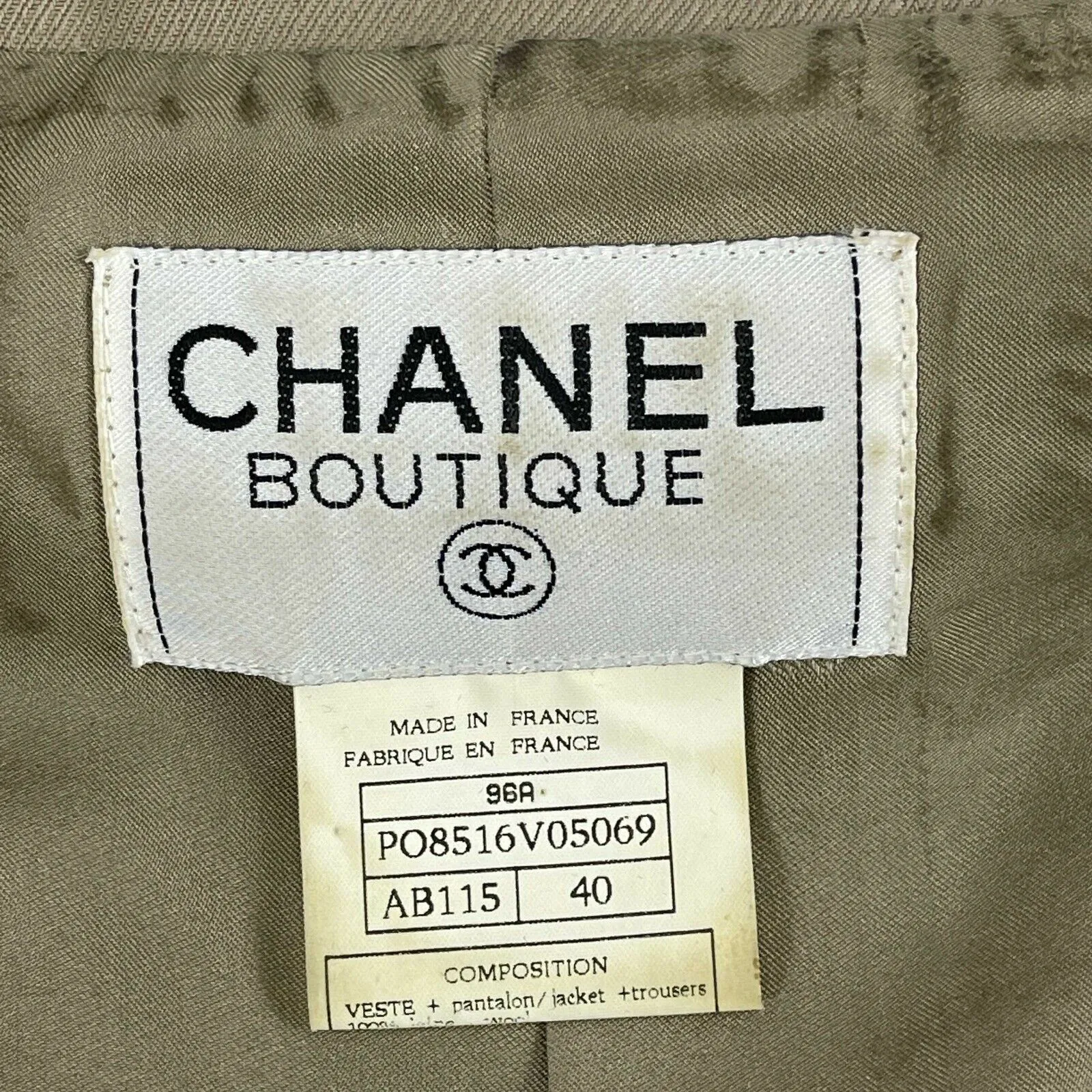 CHANEL - Military Style Belt Suit Set Vintage 96A CC Jacket & Pant 1996 40 US 8