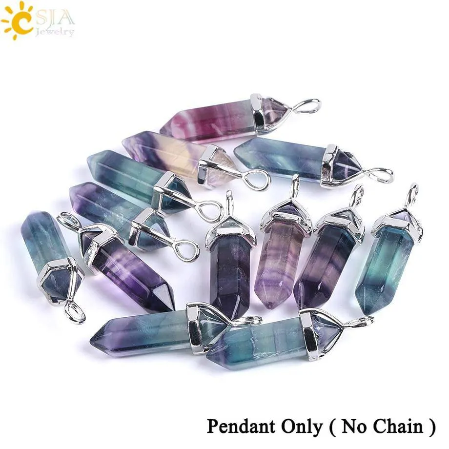 CSJA Fluorite Necklaces Crystal Pendants Suspension Natural Gem Stone Quartz Bullet Hexagonal Pendulum Reiki Chakra pendulo E546