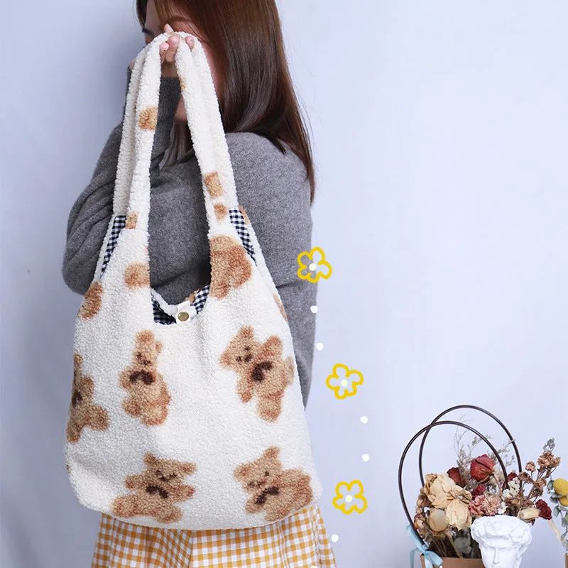 Cute Fluffy Teddy Bear Sherpa Tote Bag Faux Fur Handbags