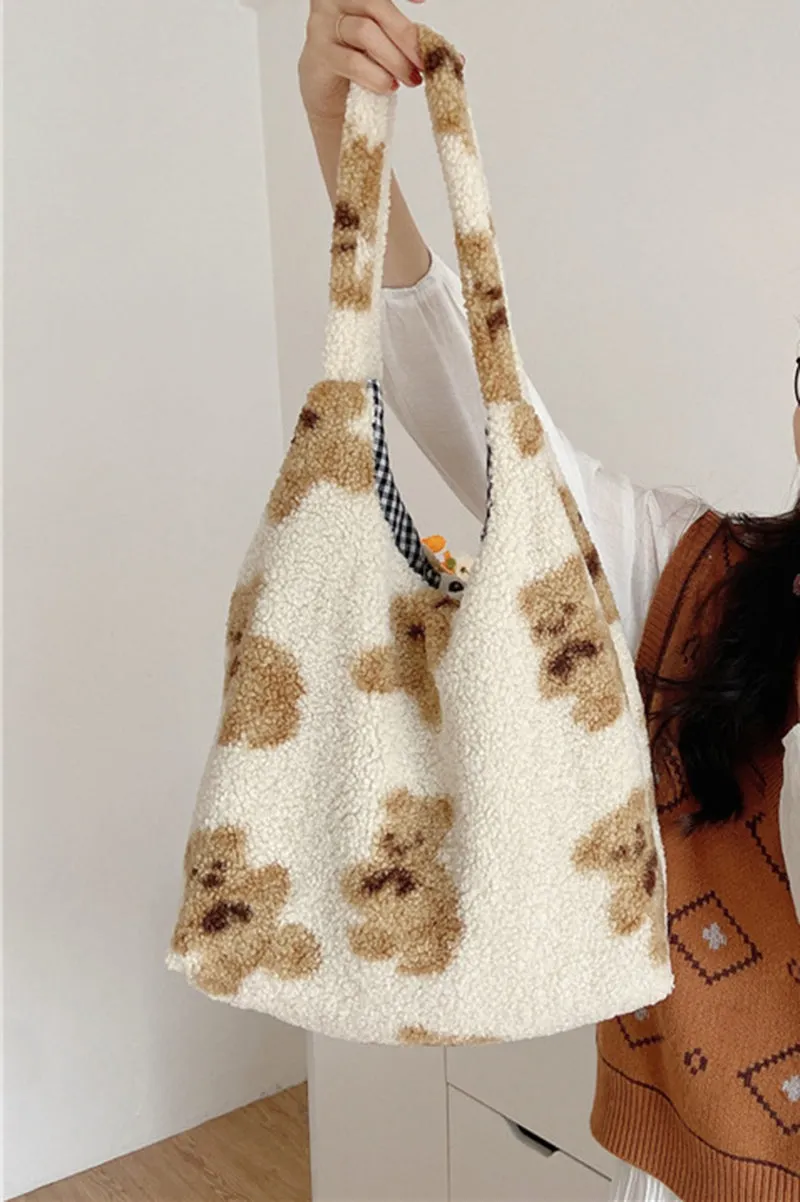 Cute Fluffy Teddy Bear Sherpa Tote Bag Faux Fur Handbags