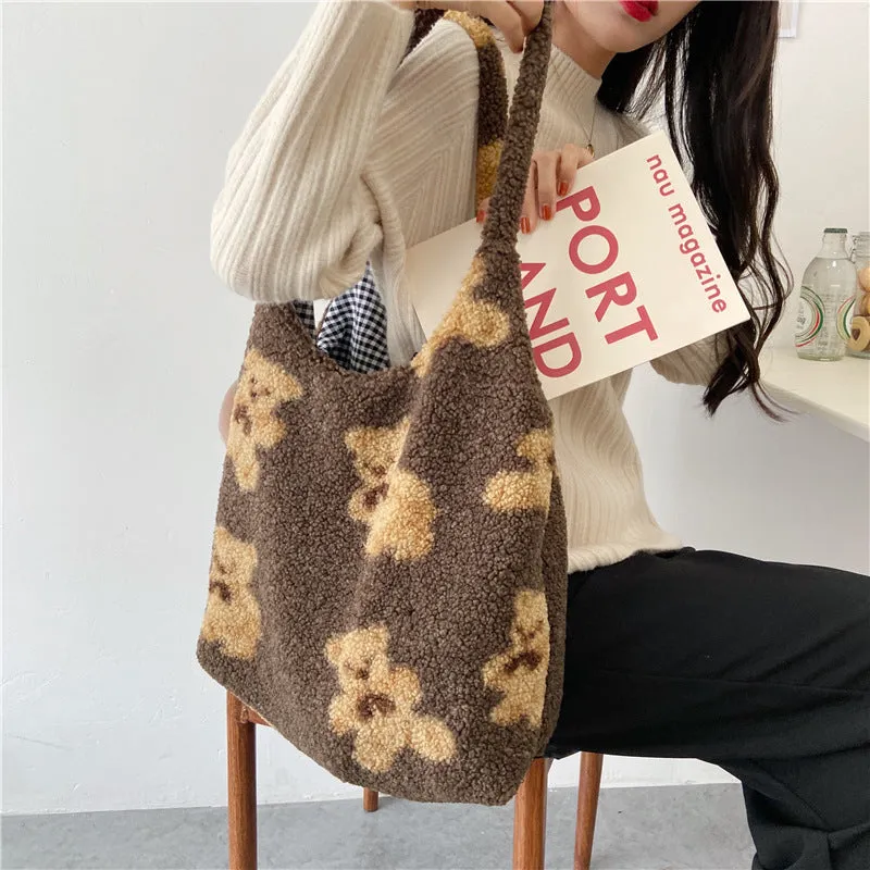 Cute Fluffy Teddy Bear Sherpa Tote Bag Faux Fur Handbags