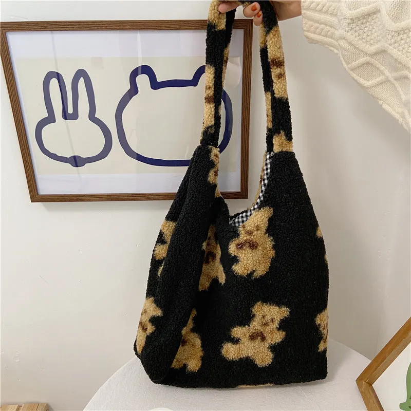 Cute Fluffy Teddy Bear Sherpa Tote Bag Faux Fur Handbags