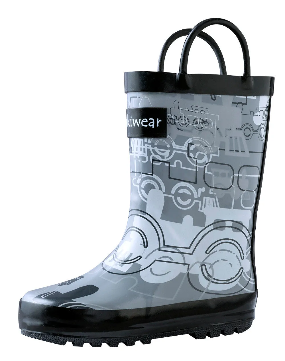 Gray/Black Trains Loop Handle Rubber Rain Boots