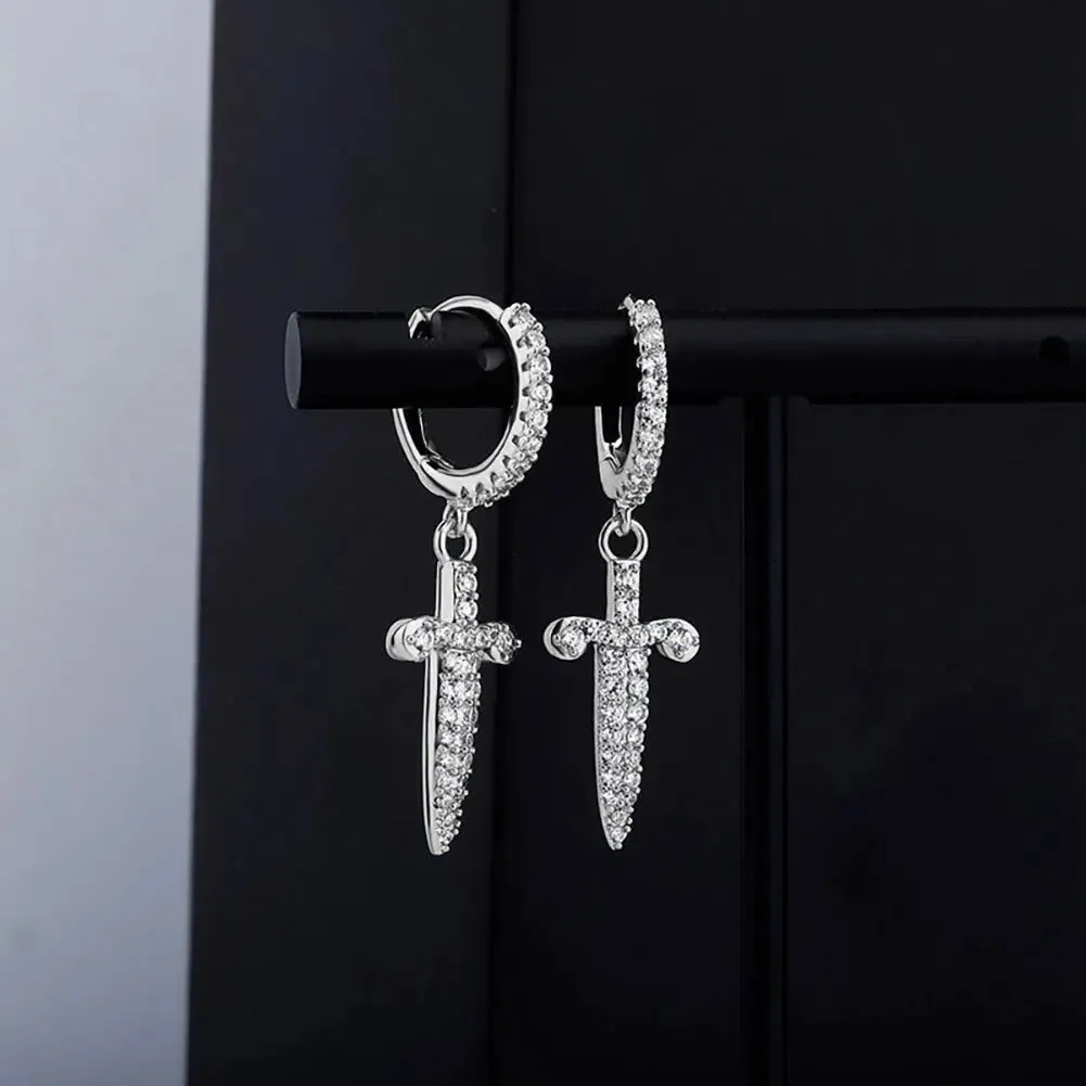 Iced Dagger Hoop Earrings in White Gold