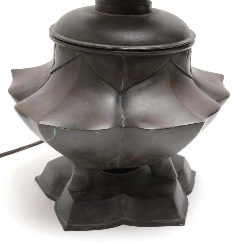 Japanese Meiji Bronze Lotus Electrified Oil Table Lamp