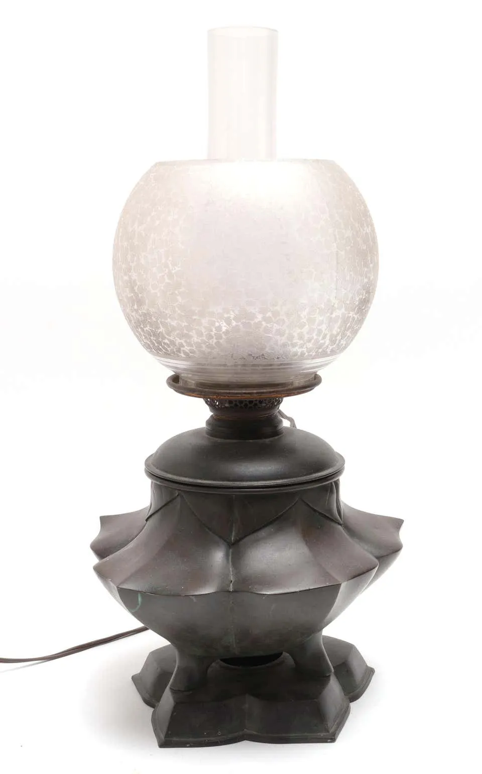 Japanese Meiji Bronze Lotus Electrified Oil Table Lamp