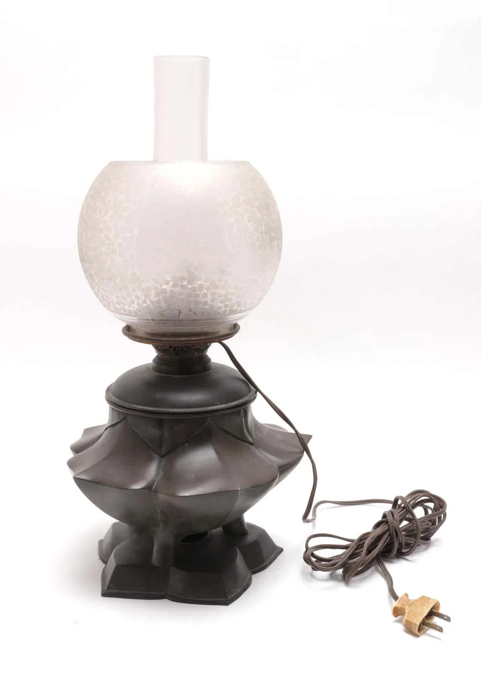 Japanese Meiji Bronze Lotus Electrified Oil Table Lamp