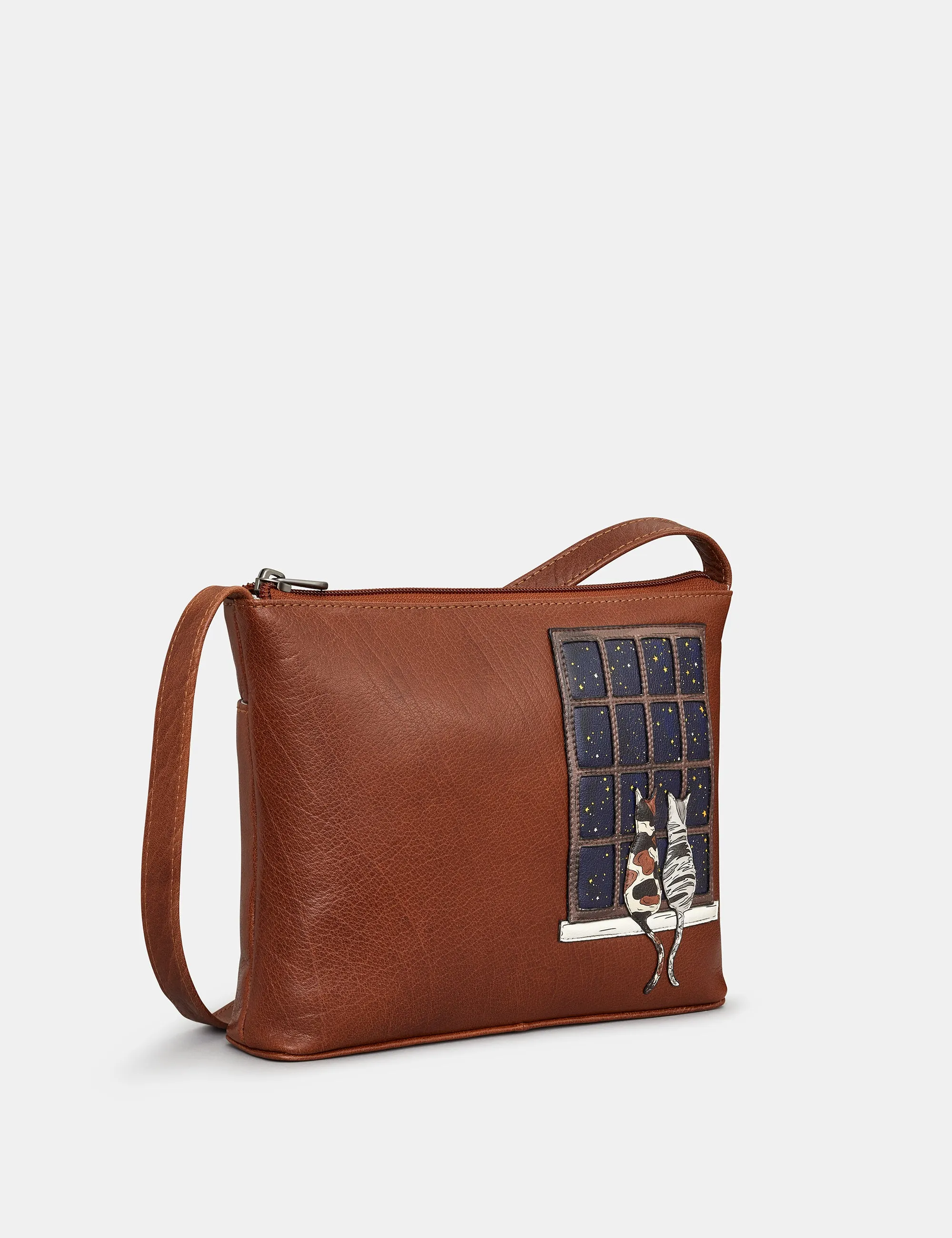 Midnight Cats Brown Leather Cross Body Bag