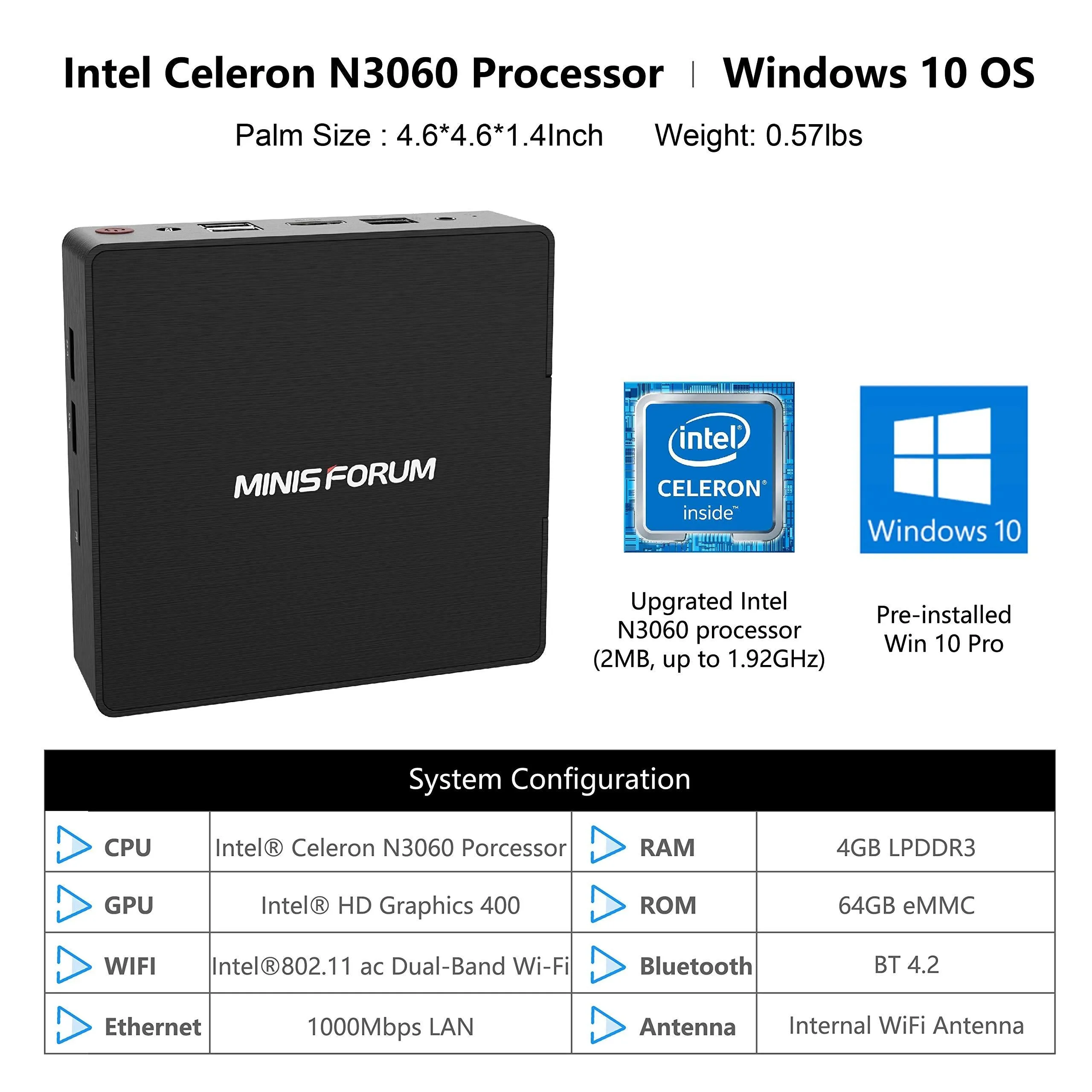 Mini PC Intel Celeron N3060 Processor(up to 2.48 GHz) 4GB/ 64GB Mini Desktop Computer Support Windows 10, HDMI VGA Output 4K HD, 2.4G/5G Dual WiFi, 2.5 inch SSD, 1000Mbps Ethernet,BT 4.2,Auto Power On