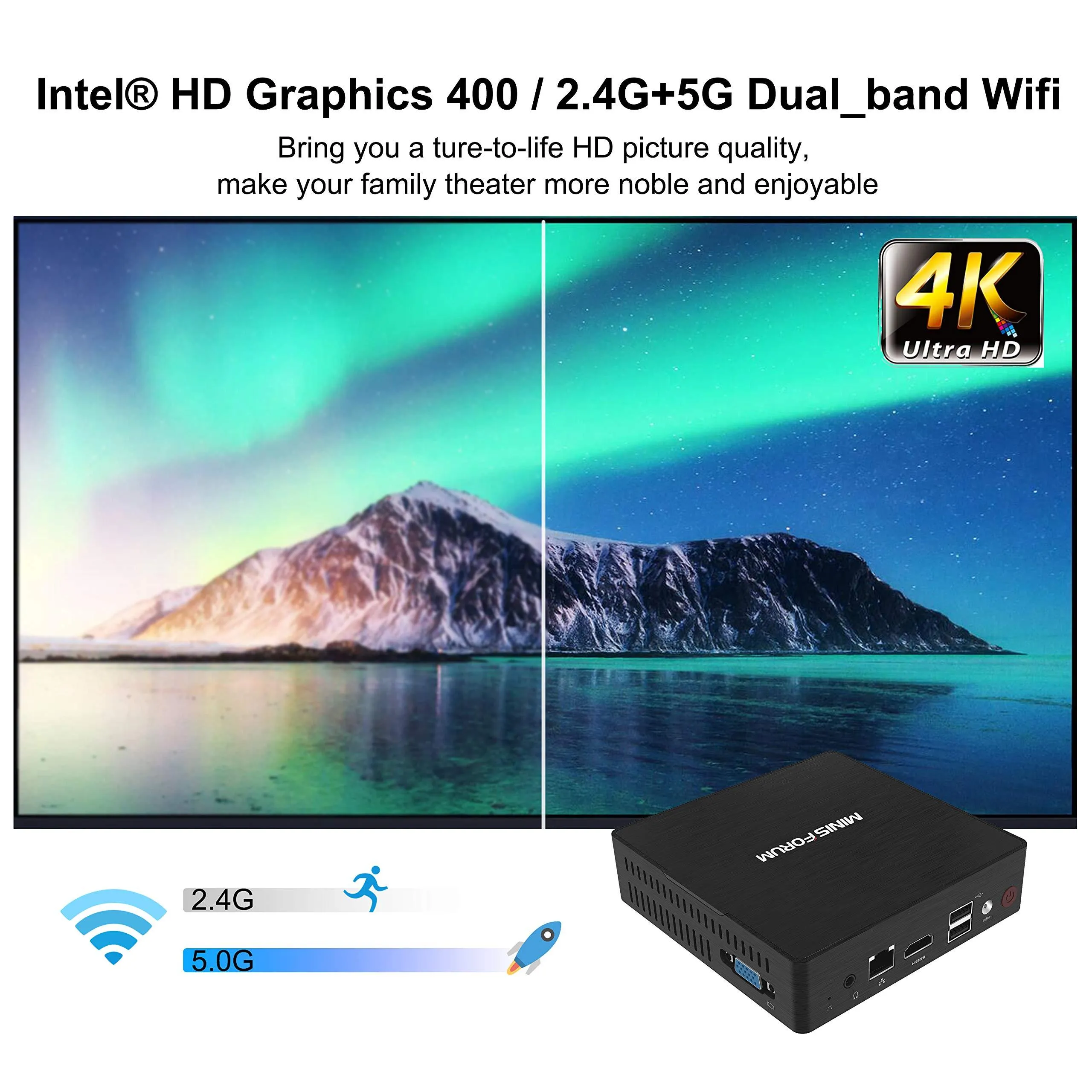 Mini PC Intel Celeron N3060 Processor(up to 2.48 GHz) 4GB/ 64GB Mini Desktop Computer Support Windows 10, HDMI VGA Output 4K HD, 2.4G/5G Dual WiFi, 2.5 inch SSD, 1000Mbps Ethernet,BT 4.2,Auto Power On