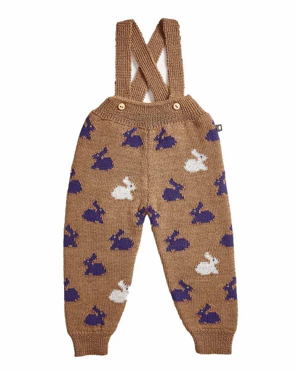 OEUF Handle With Care Suspender Knit Pants with Bunny Motif in Camel