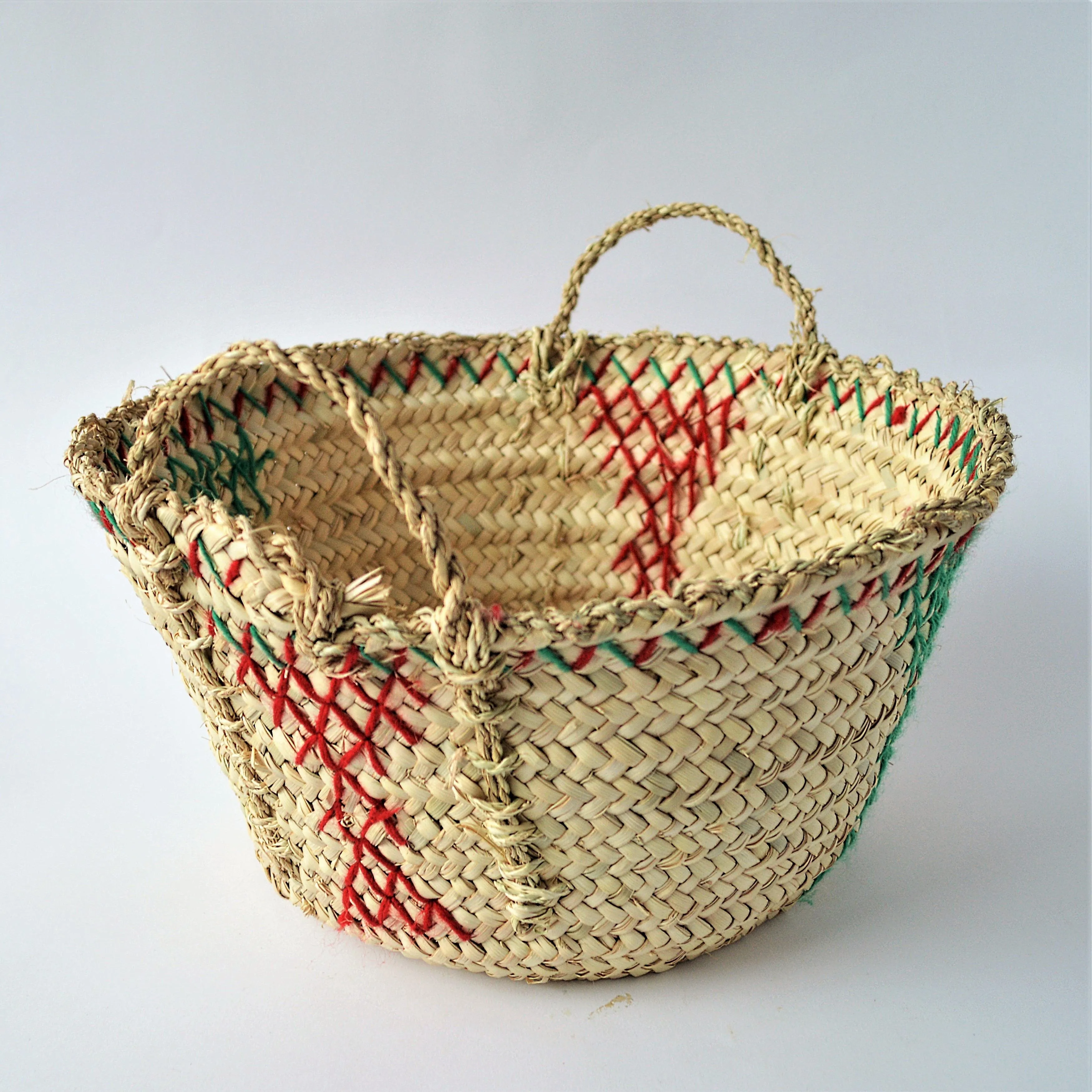 Palm leaf embroidered basket, decorative wicker bowl