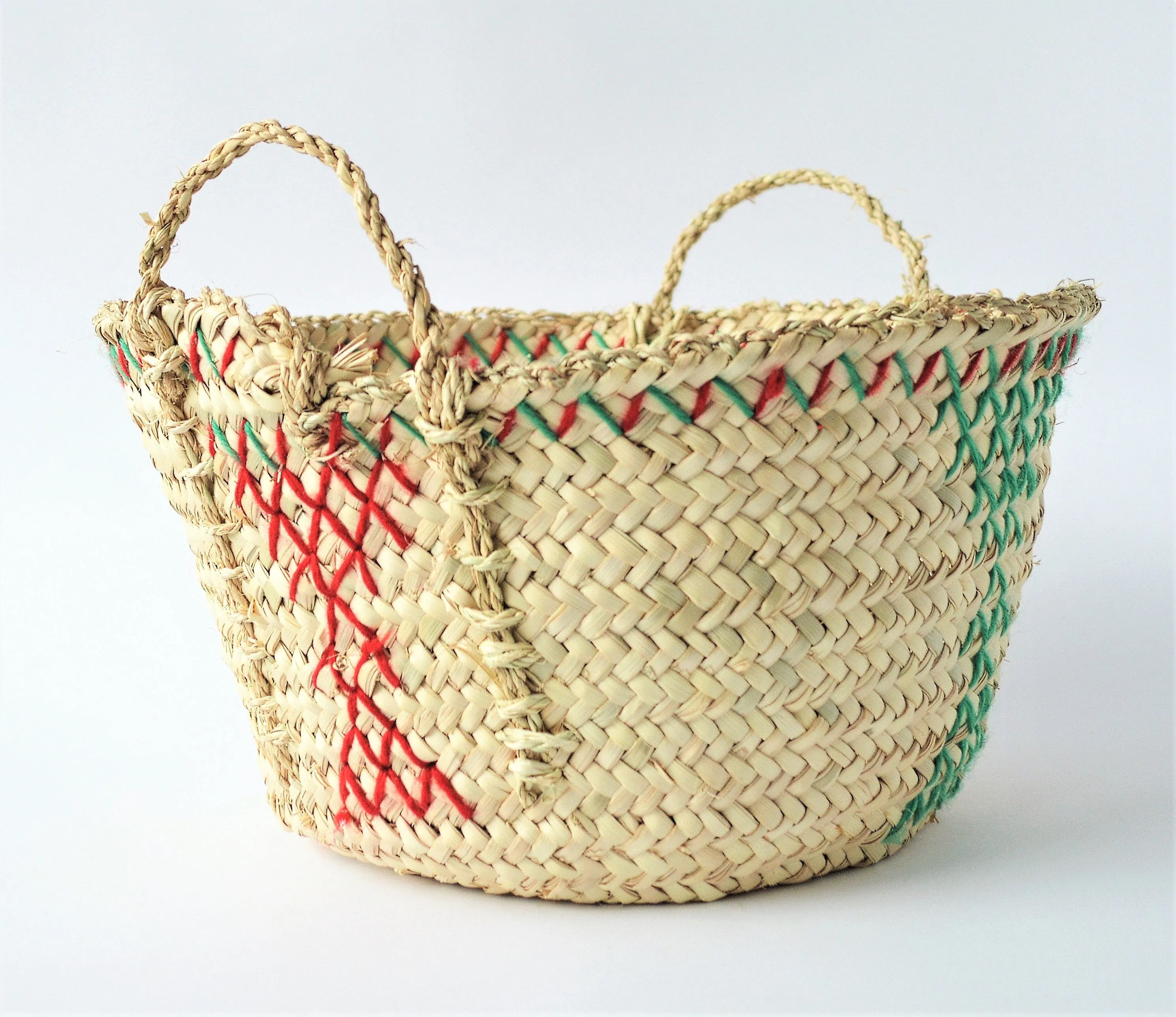 Palm leaf embroidered basket, decorative wicker bowl