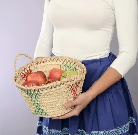 Palm leaf embroidered basket, decorative wicker bowl