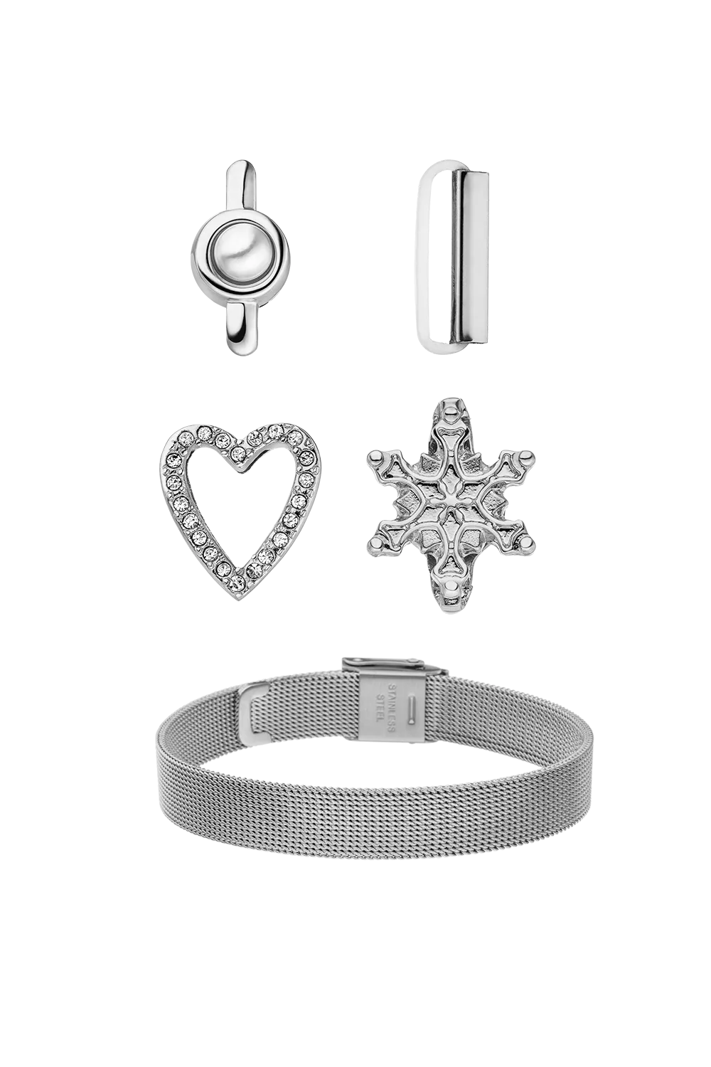 Snowy-Mesh Strap-Set with 4 Charms Silver