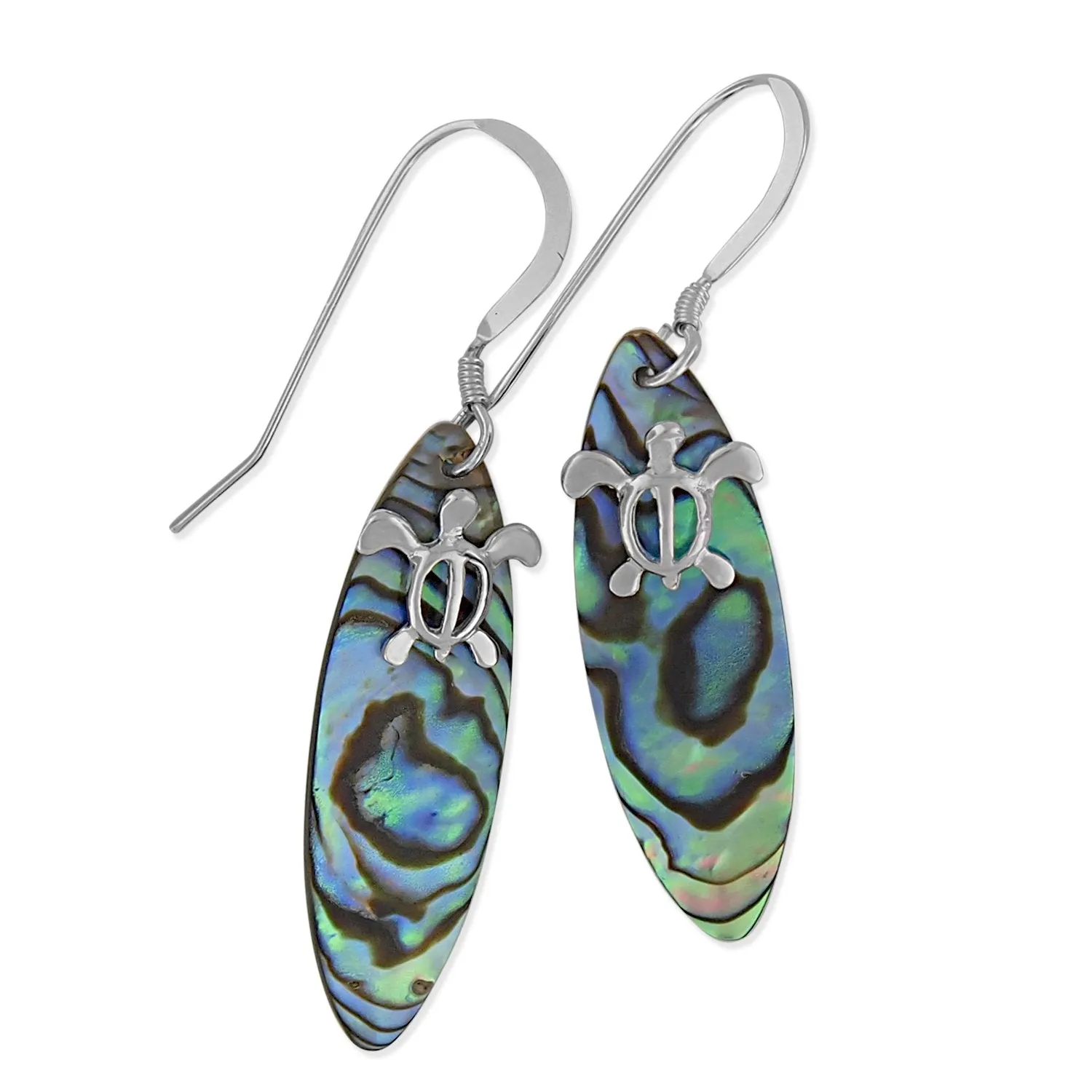 Sterling Silver Abalone Shell Surfboard Turtle Dangle Earrings