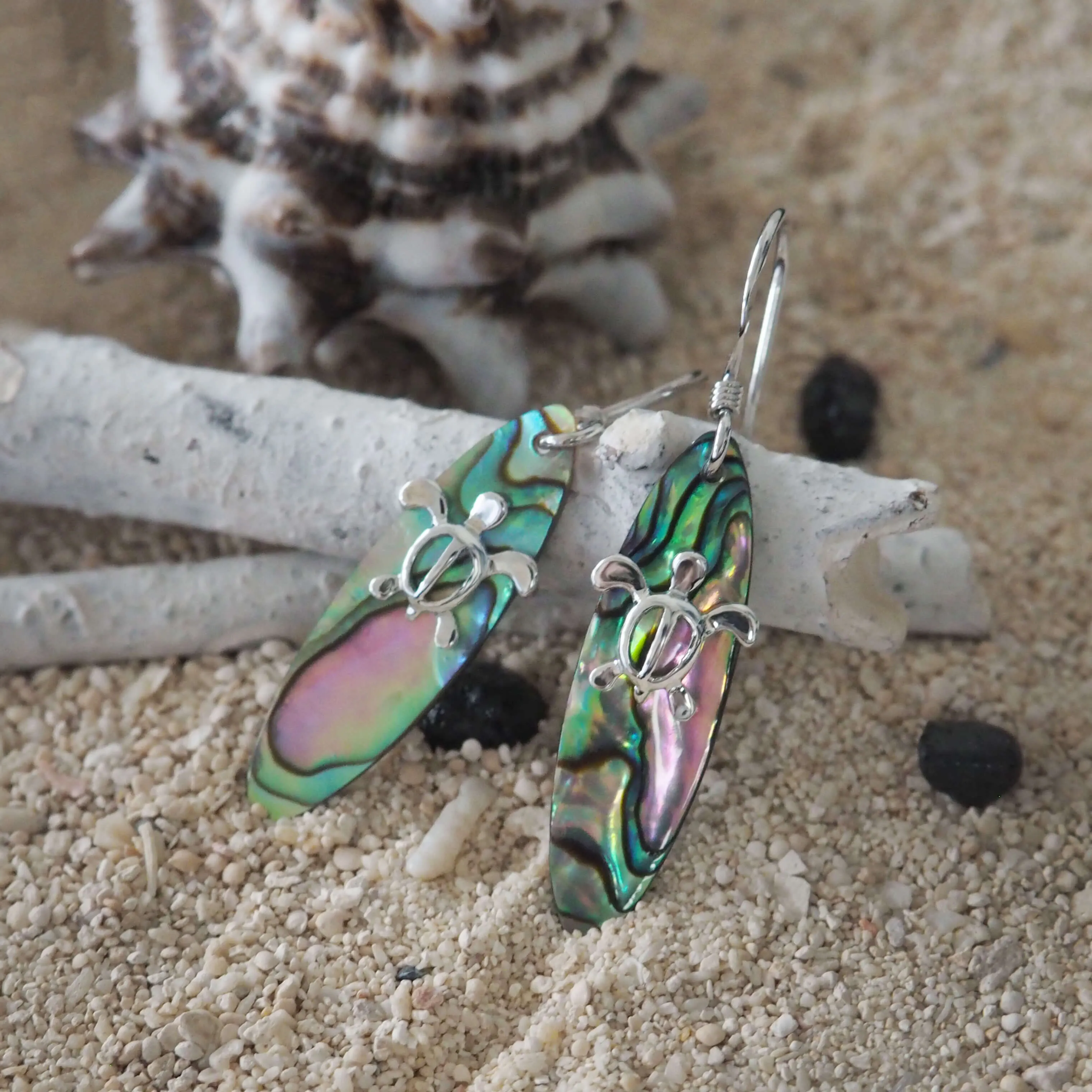 Sterling Silver Abalone Shell Surfboard Turtle Dangle Earrings