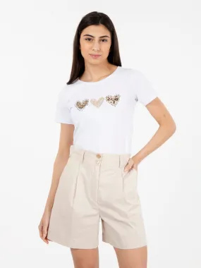 T-shirt con cuori e strass bianco