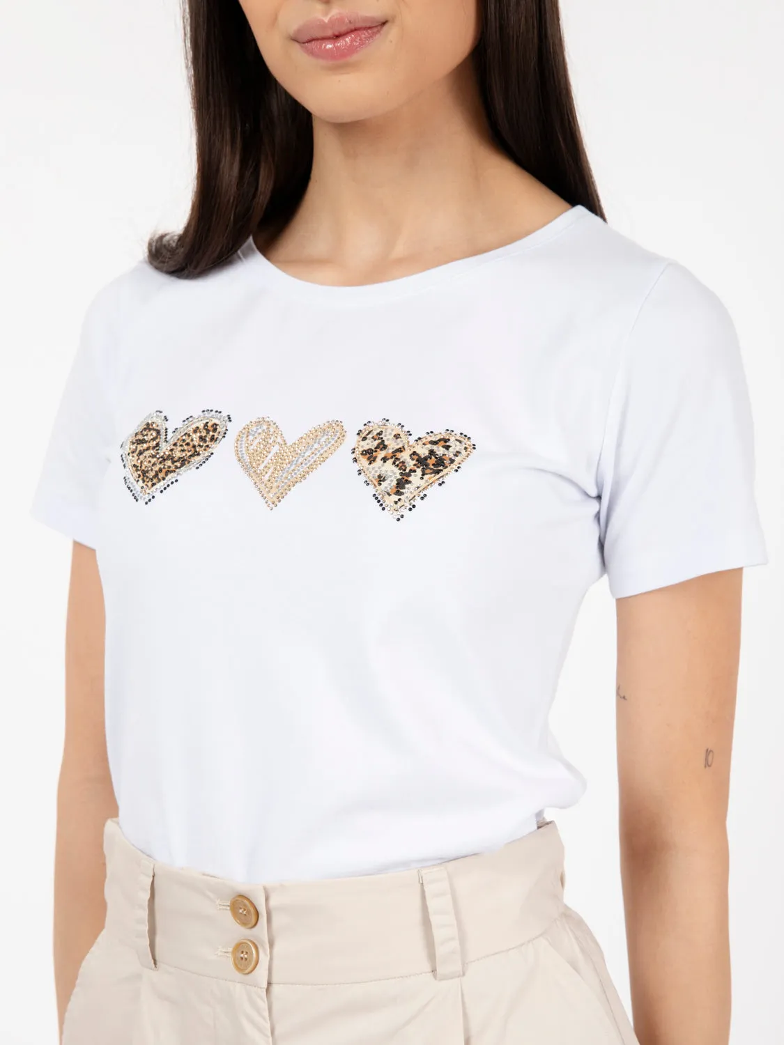 T-shirt con cuori e strass bianco