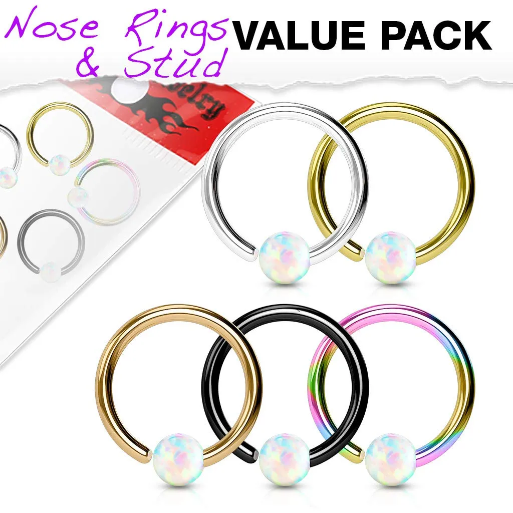 WILDKLASS 5 Pcs Value Pack IP Plated White Opal Ball Fixed 316L Surgical Steel Hoop Nose Rings