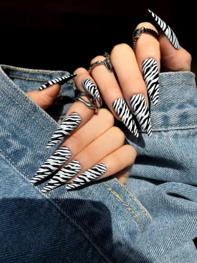 Zebra Stripe 24 Pcs Long Stiletto Press on Nails